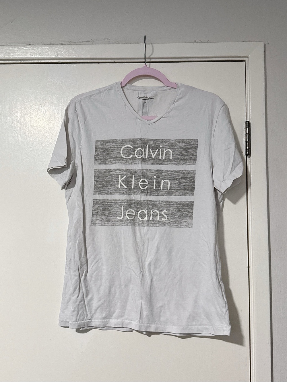 Calvin Klein Jeans White Short-Sleeve Logo Tee with Gray Print